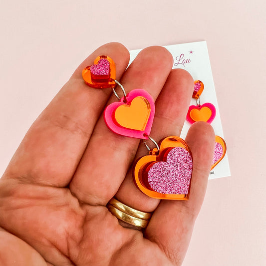 Hot Pink & Orange Heart Statement Acrylic Dangles - Lacey Lou Sparkles