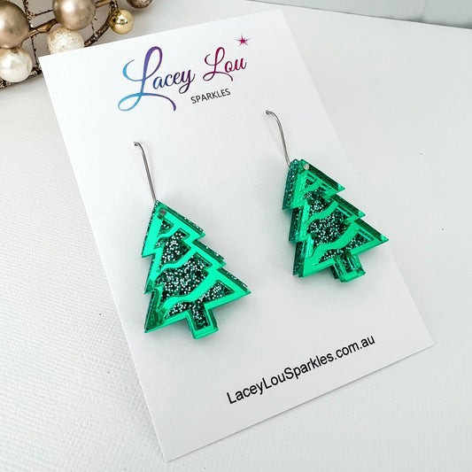Layered Christmas Tree Earrings - Green