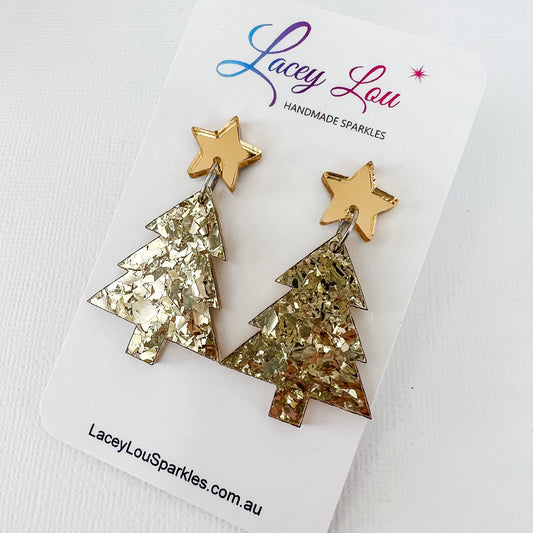 Medium Christmas Tree Dangle Earrings - Gold Chunky Glitter