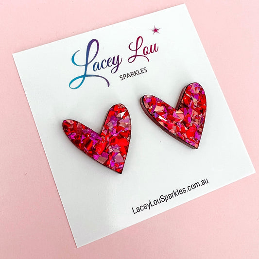 Large Abstract Heart Acrylic Studs - Rose Glitter - Lacey Lou Sparkles