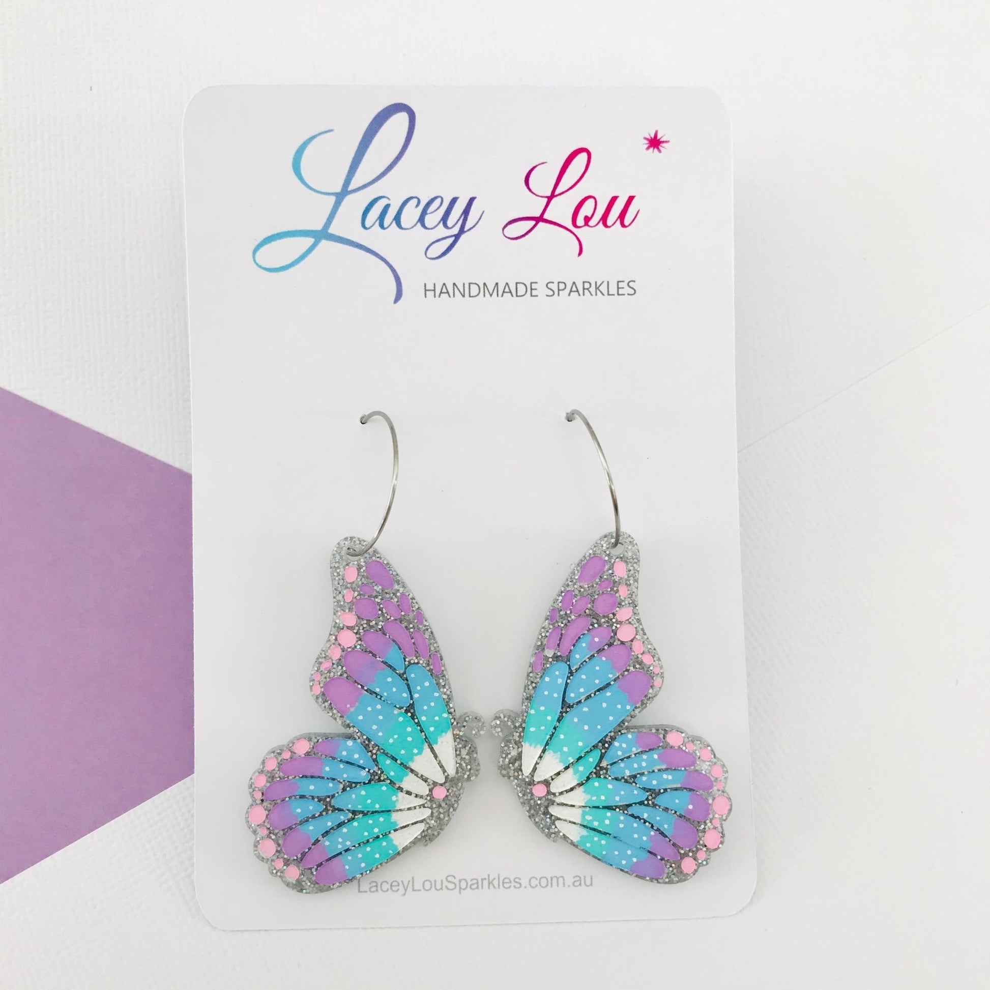 Large Butterfly Hoop Earrings - Silver Glitter Painted Acrylic Earrings - Lacey Lou Sparkles