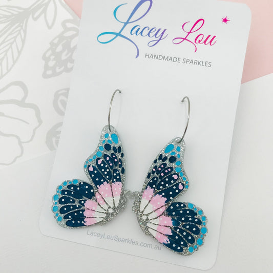 Large Butterfly Hoop Earrings - Silver Glitter Painted Acrylic Earrings - Lacey Lou Sparkles