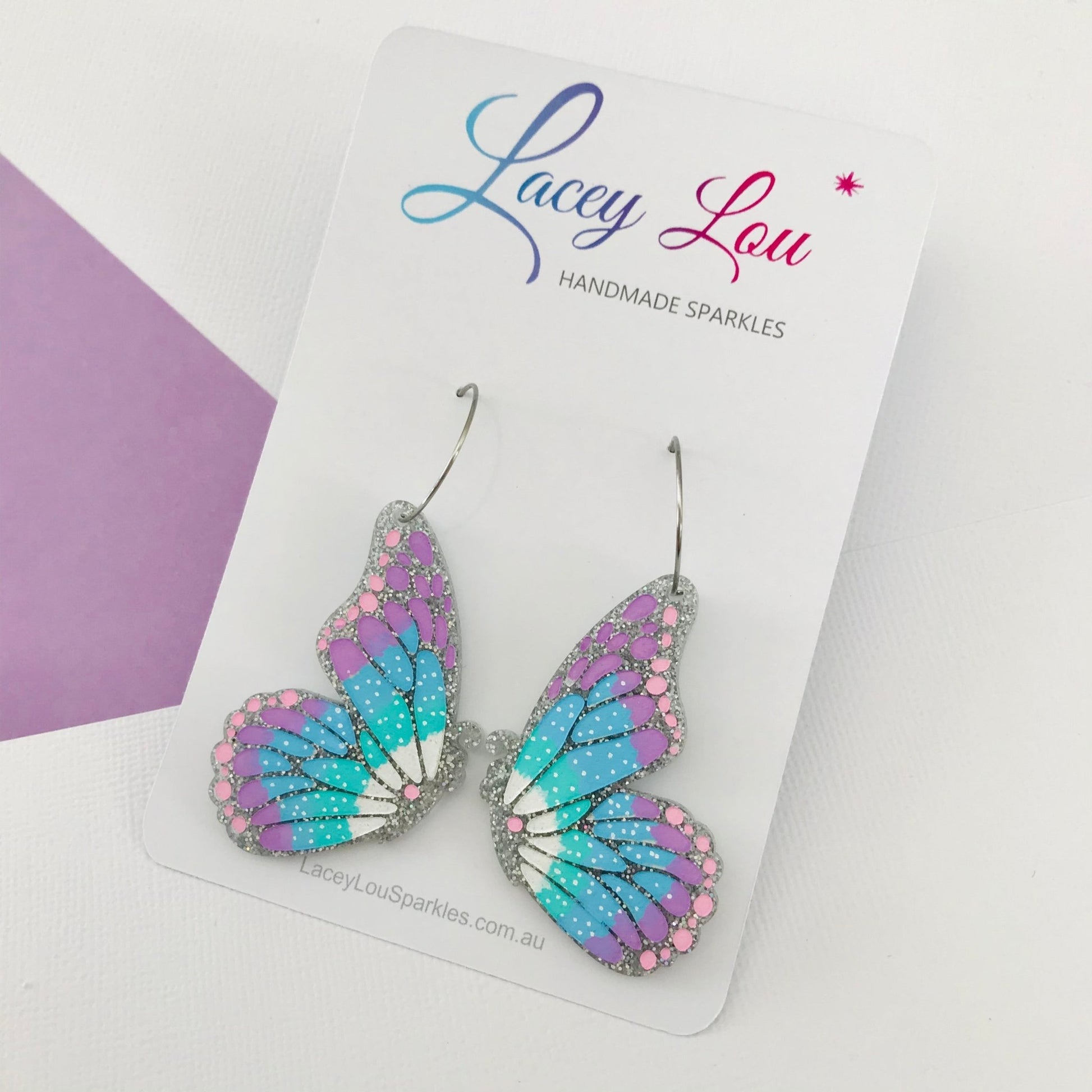 Large Butterfly Hoop Earrings - Silver Glitter Painted Acrylic Earrings - Lacey Lou Sparkles