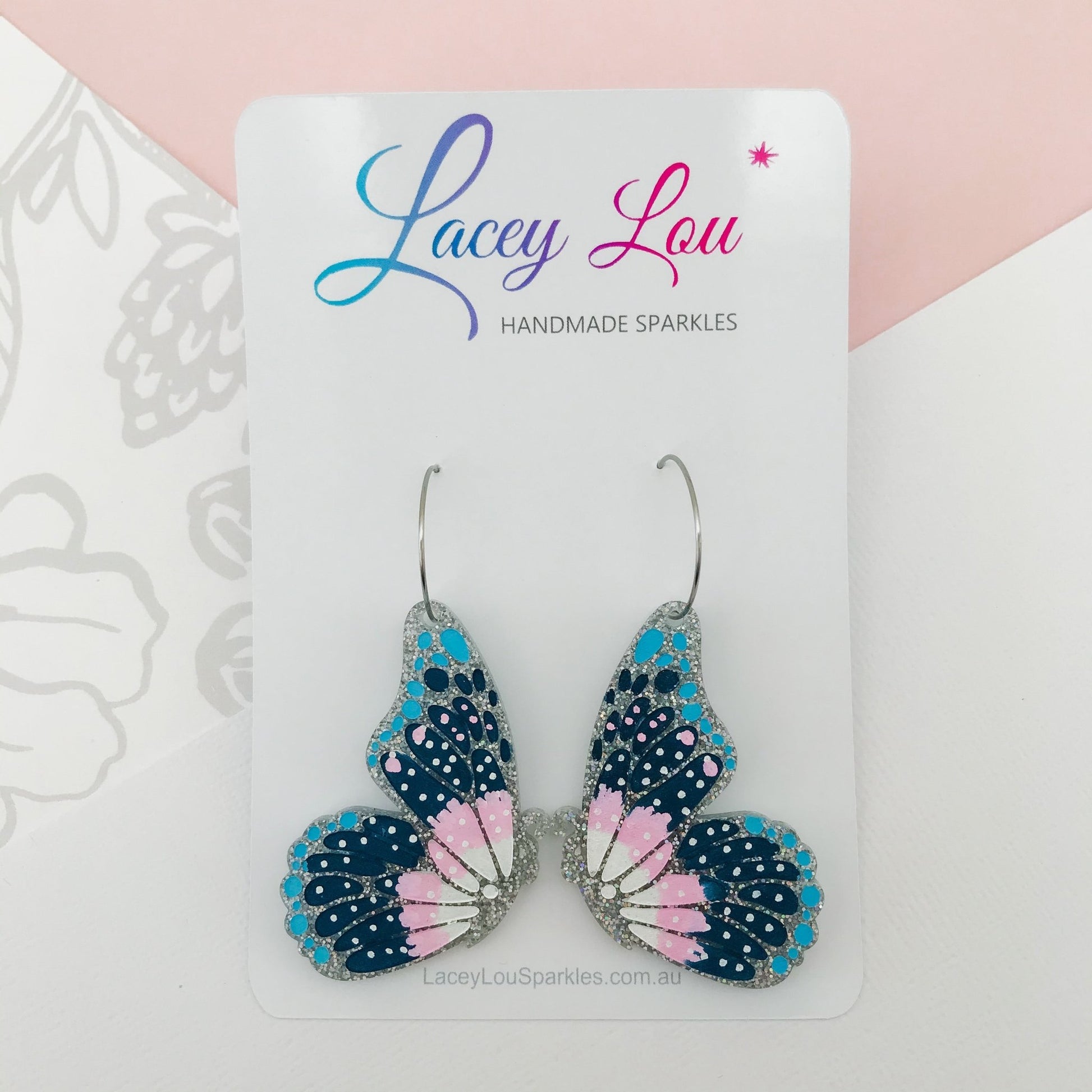 Large Butterfly Hoop Earrings - Silver Glitter Painted Acrylic Earrings - Lacey Lou Sparkles