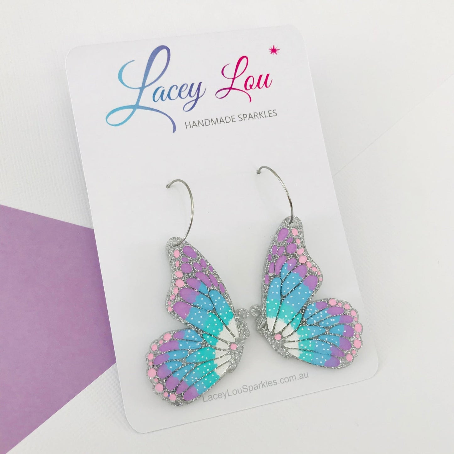 Large Butterfly Hoop Earrings - Silver Glitter Painted Acrylic Earrings - Lacey Lou Sparkles