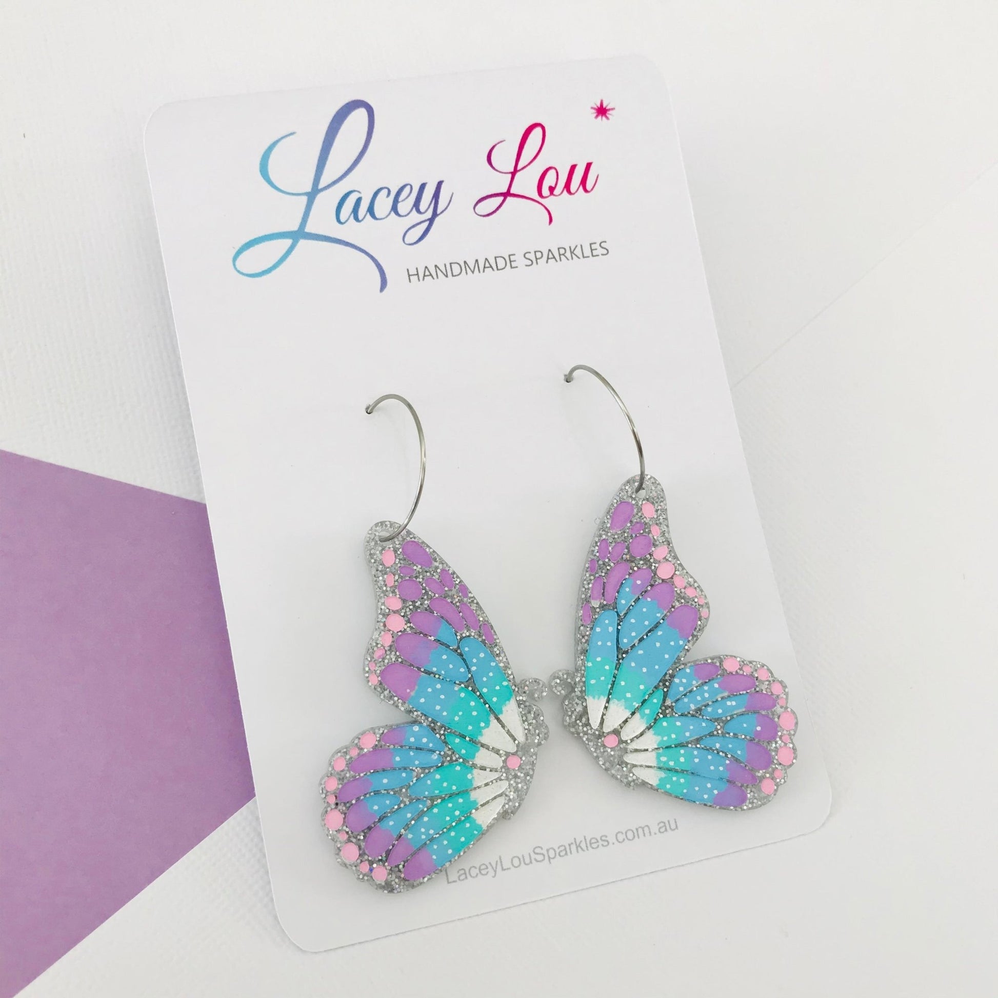 Large Butterfly Hoop Earrings - Silver Glitter Painted Acrylic Earrings - Lacey Lou Sparkles