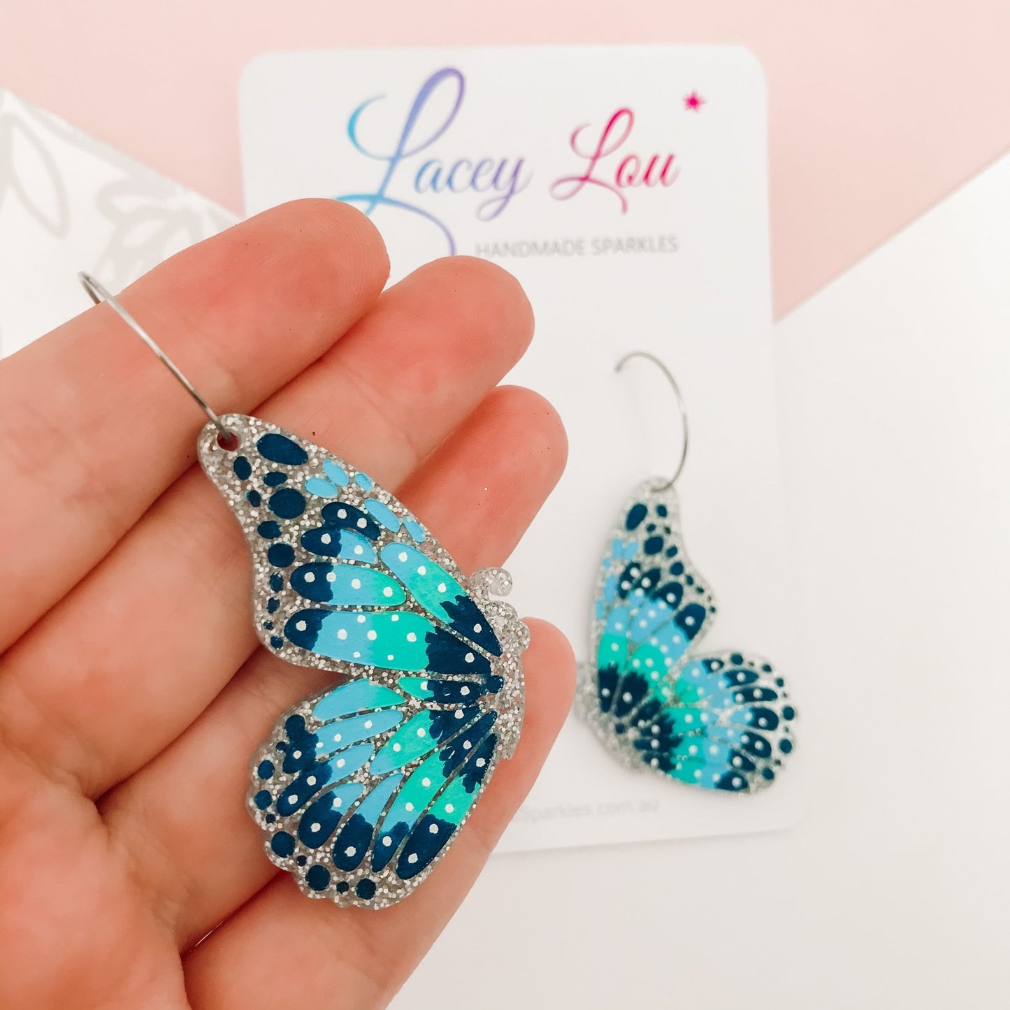 Large Butterfly Hoops - Silver Glitter Painted Acrylic Earrings - Lacey Lou Sparkles