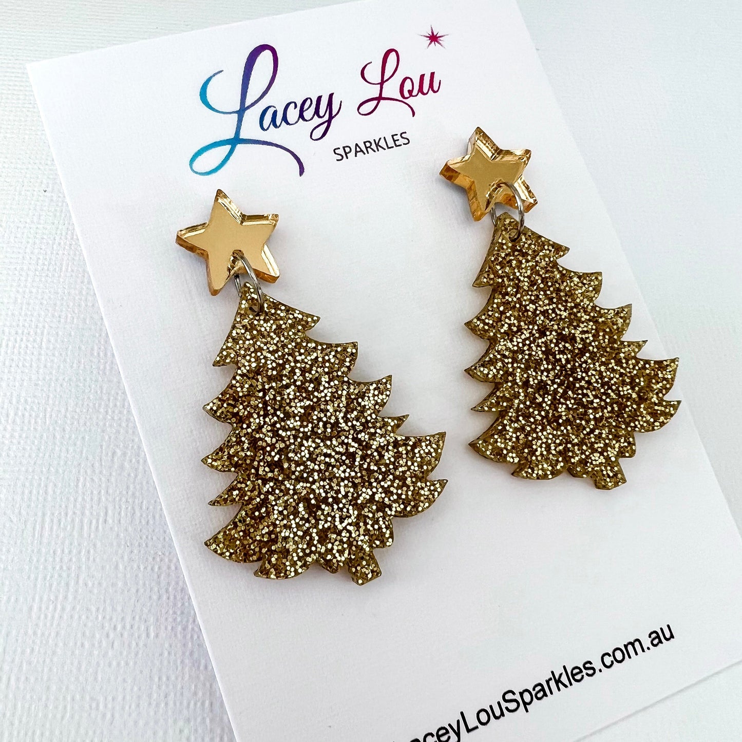 Large Christmas Tree Dangle Earrings - Gold Fine Glitter - Lacey Lou Sparkles