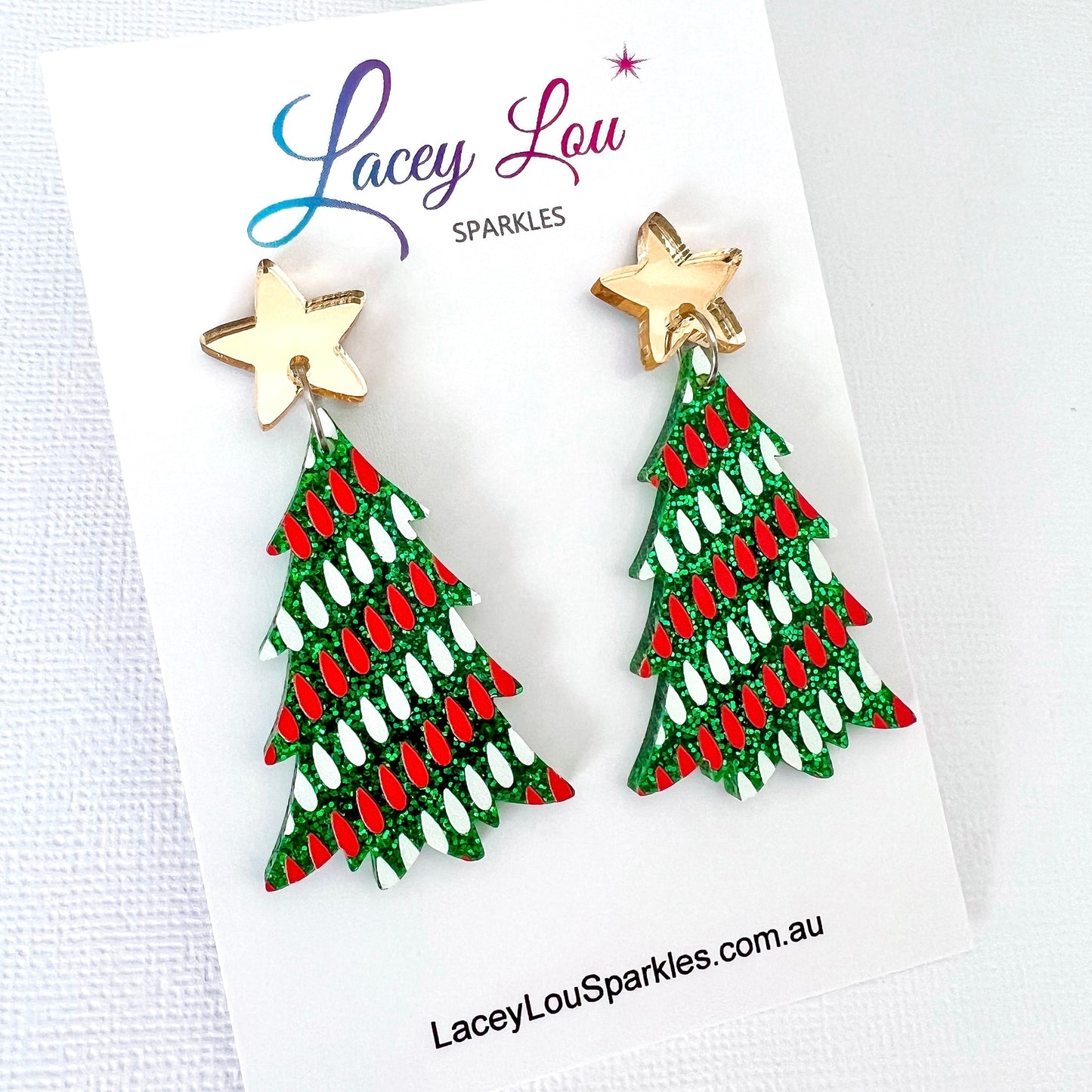Large Christmas Tree Dangle Earrings - Red & White Lights - Lacey Lou Sparkles