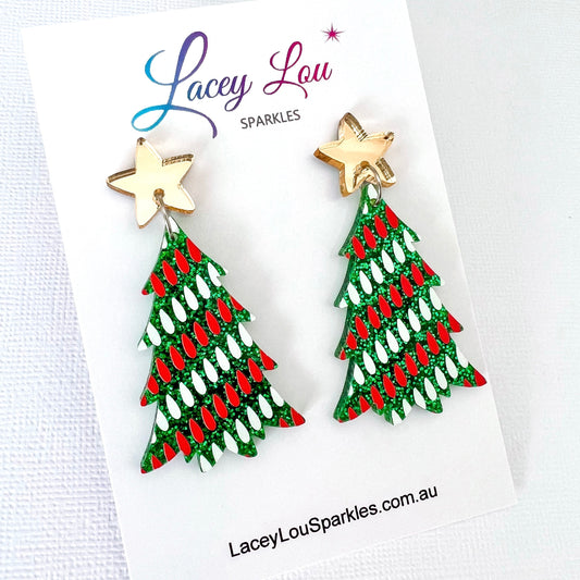 Large Christmas Tree Dangle Earrings - Red & White Lights - Lacey Lou Sparkles