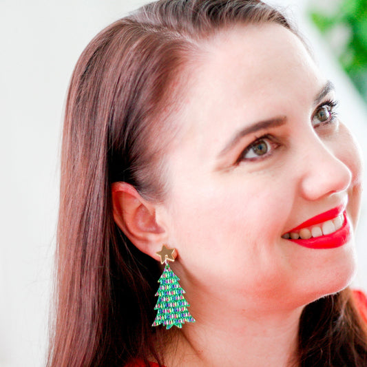 Large Christmas Tree Dangle Earrings - Red & White Lights - Lacey Lou Sparkles