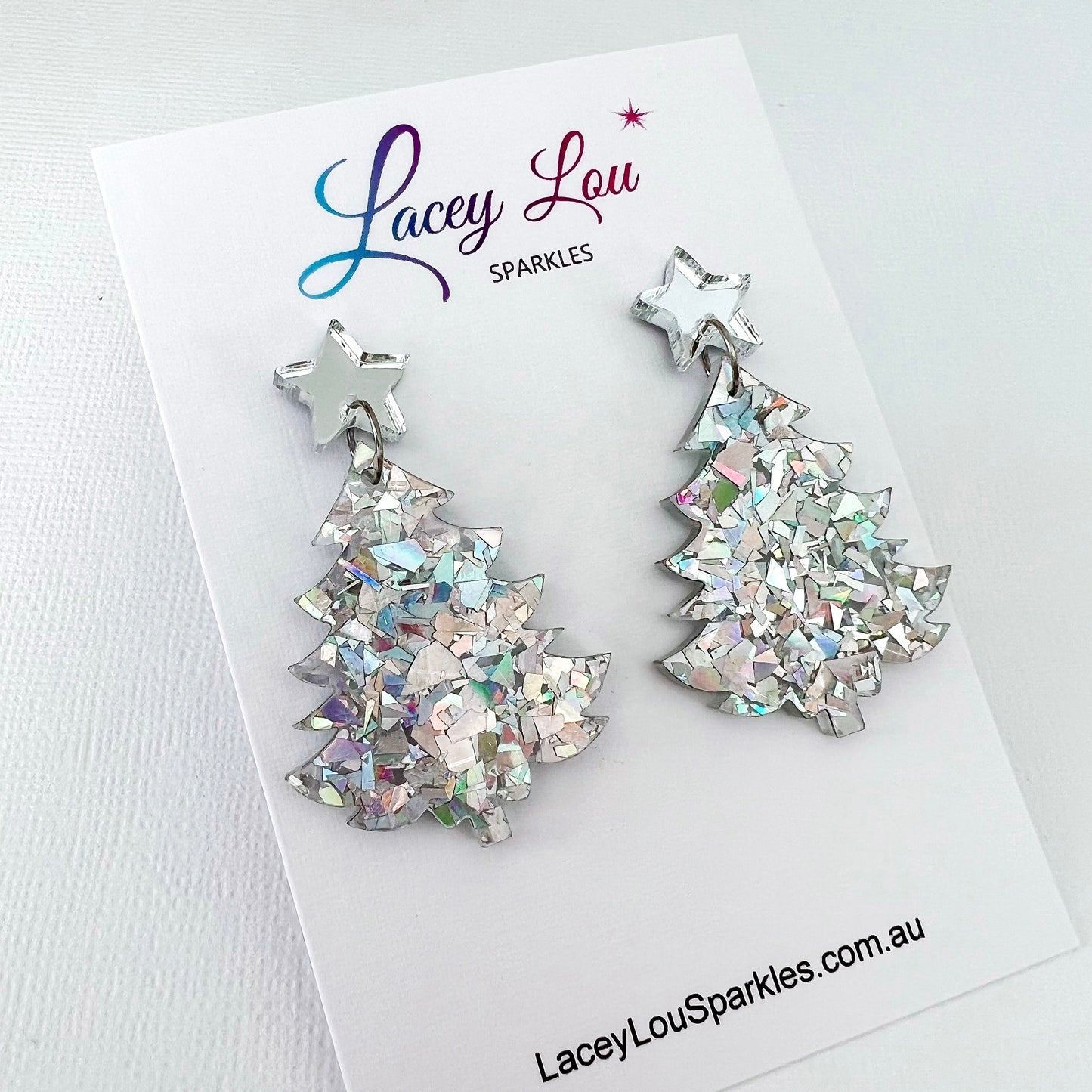 Large Christmas Tree Dangle Earrings - Silver Glitter - Lacey Lou Sparkles