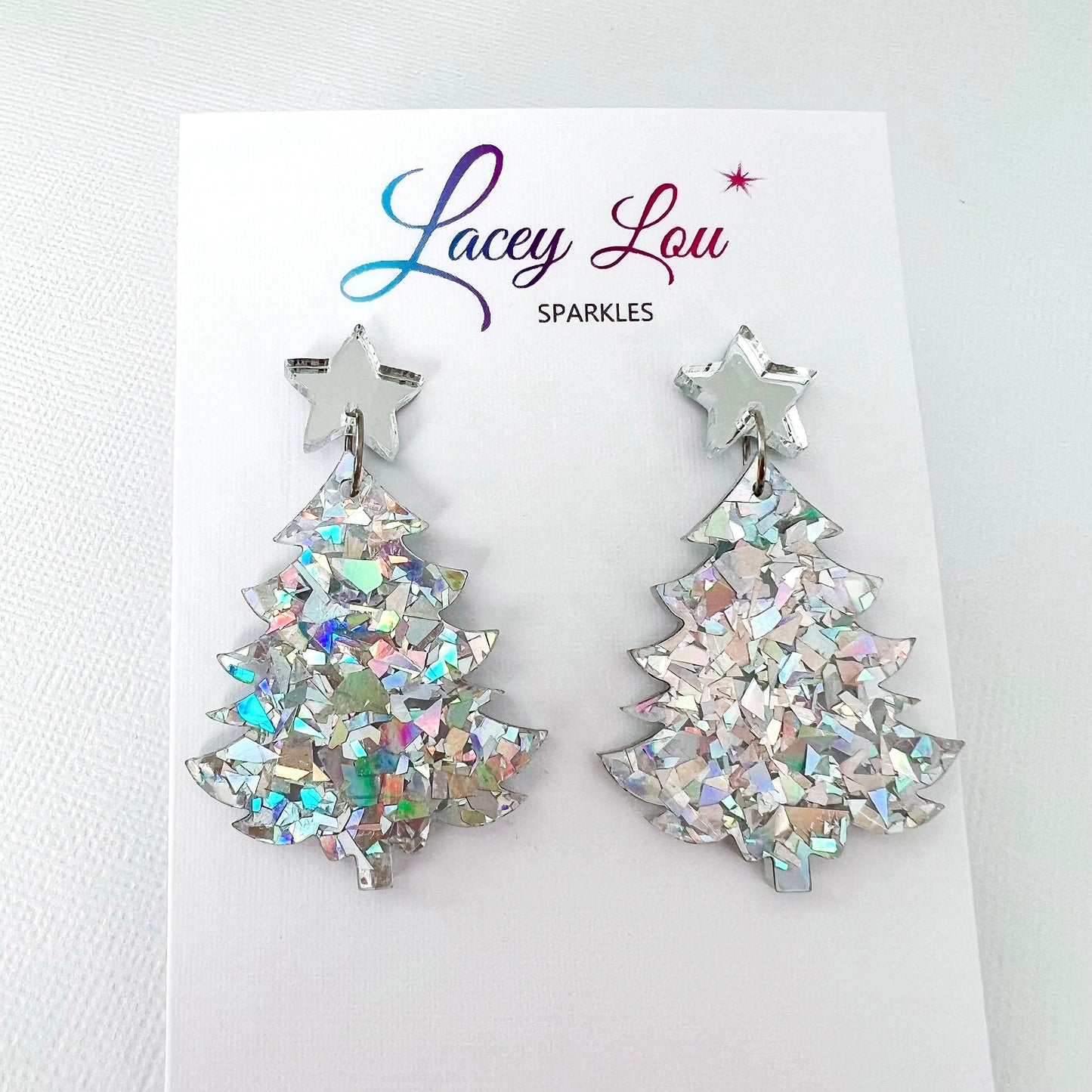 Large Christmas Tree Dangle Earrings - Silver Glitter - Lacey Lou Sparkles