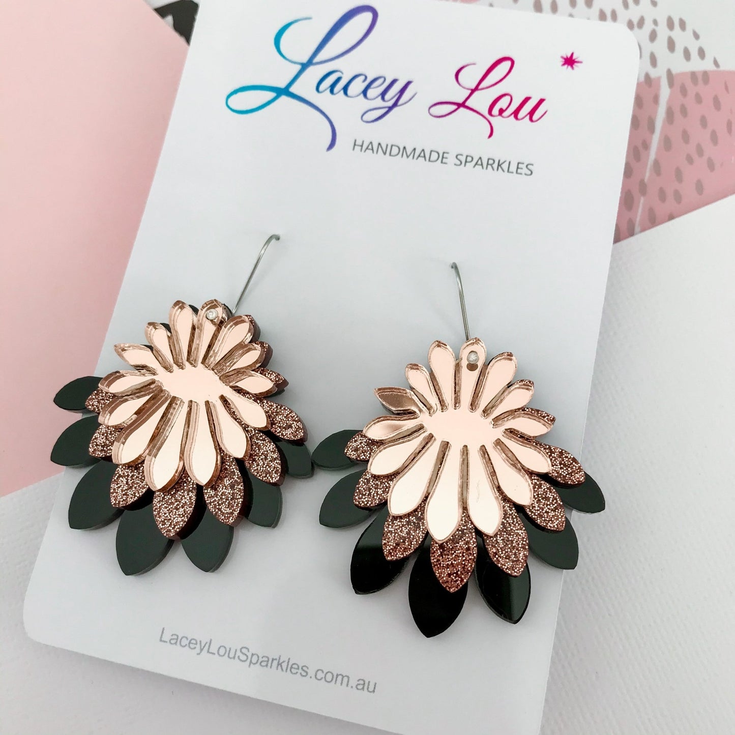 Large Flower Frill Statement Earrings - Black | Bronze | Rose Gold - Lacey Lou Sparkles