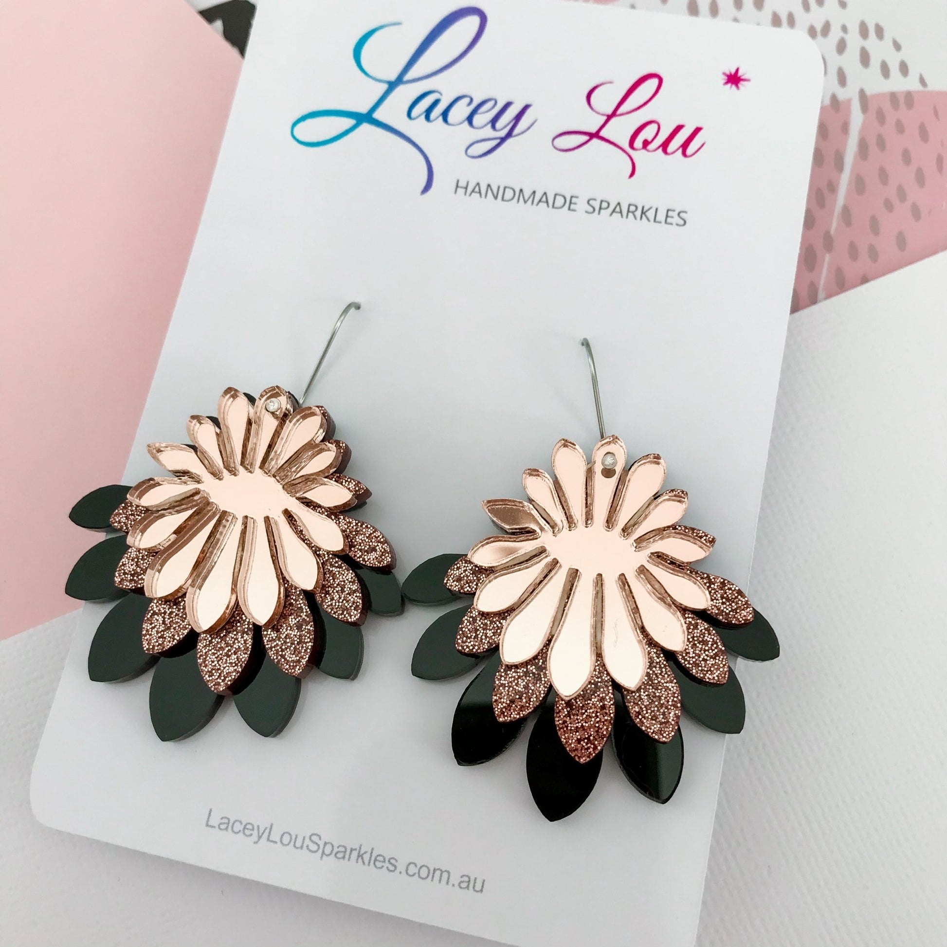 Large Flower Frill Statement Earrings - Black | Bronze | Rose Gold - Lacey Lou Sparkles