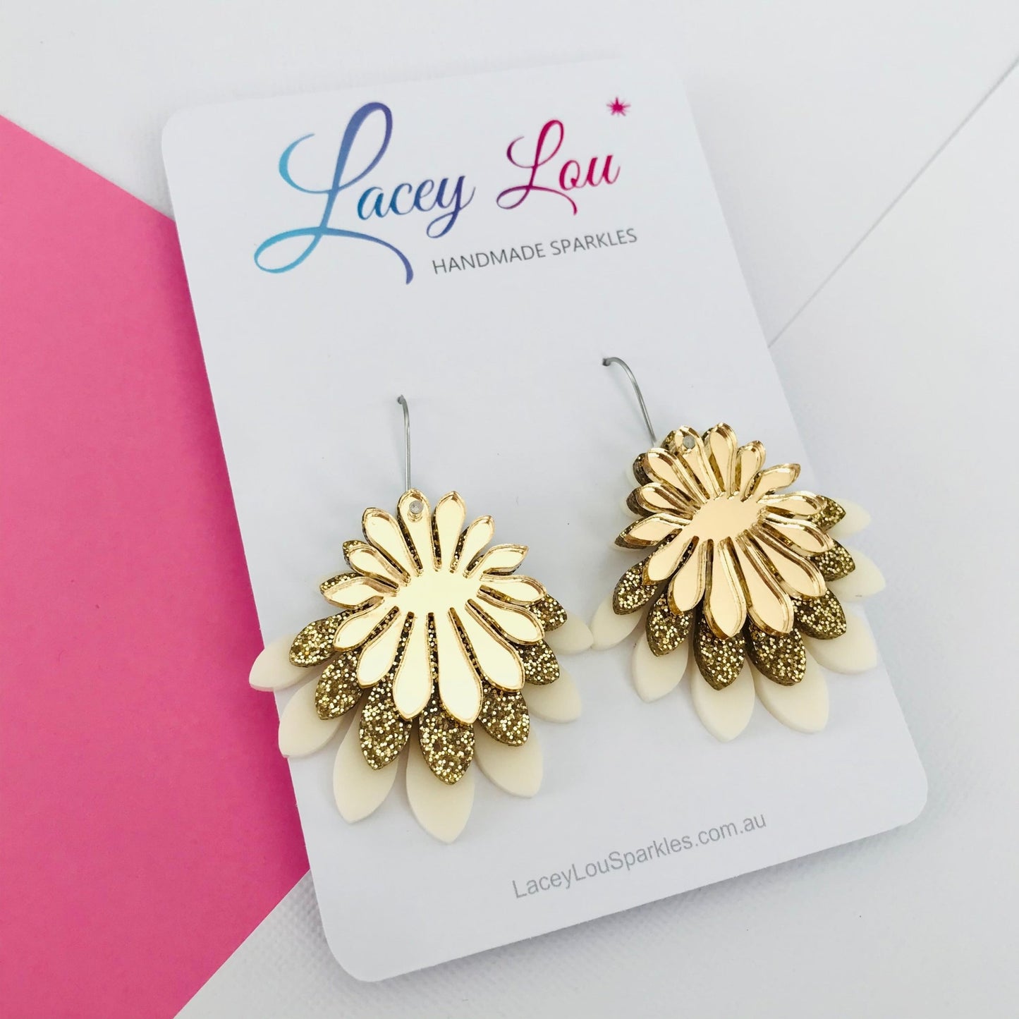 Large Flower Frill Statement Earrings - Ivory and Gold - Lacey Lou Sparkles
