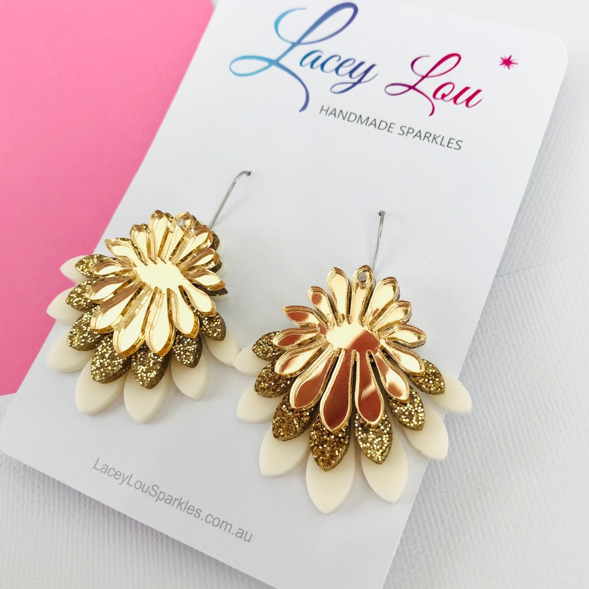 Large Flower Frill Statement Earrings - Ivory and Gold - Lacey Lou Sparkles