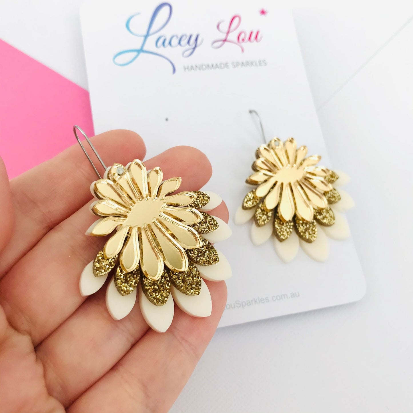 Large Flower Frill Statement Earrings - Ivory and Gold - Lacey Lou Sparkles