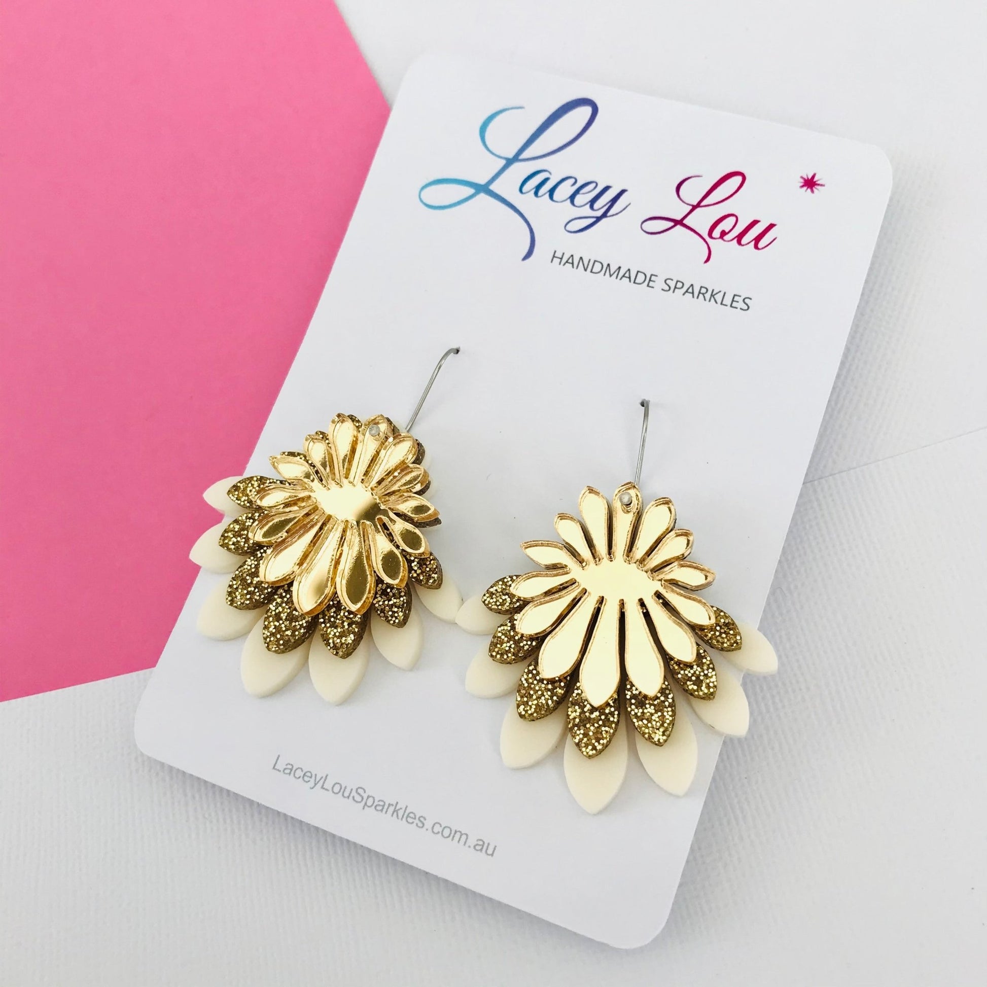 Large Flower Frill Statement Earrings - Ivory and Gold - Lacey Lou Sparkles