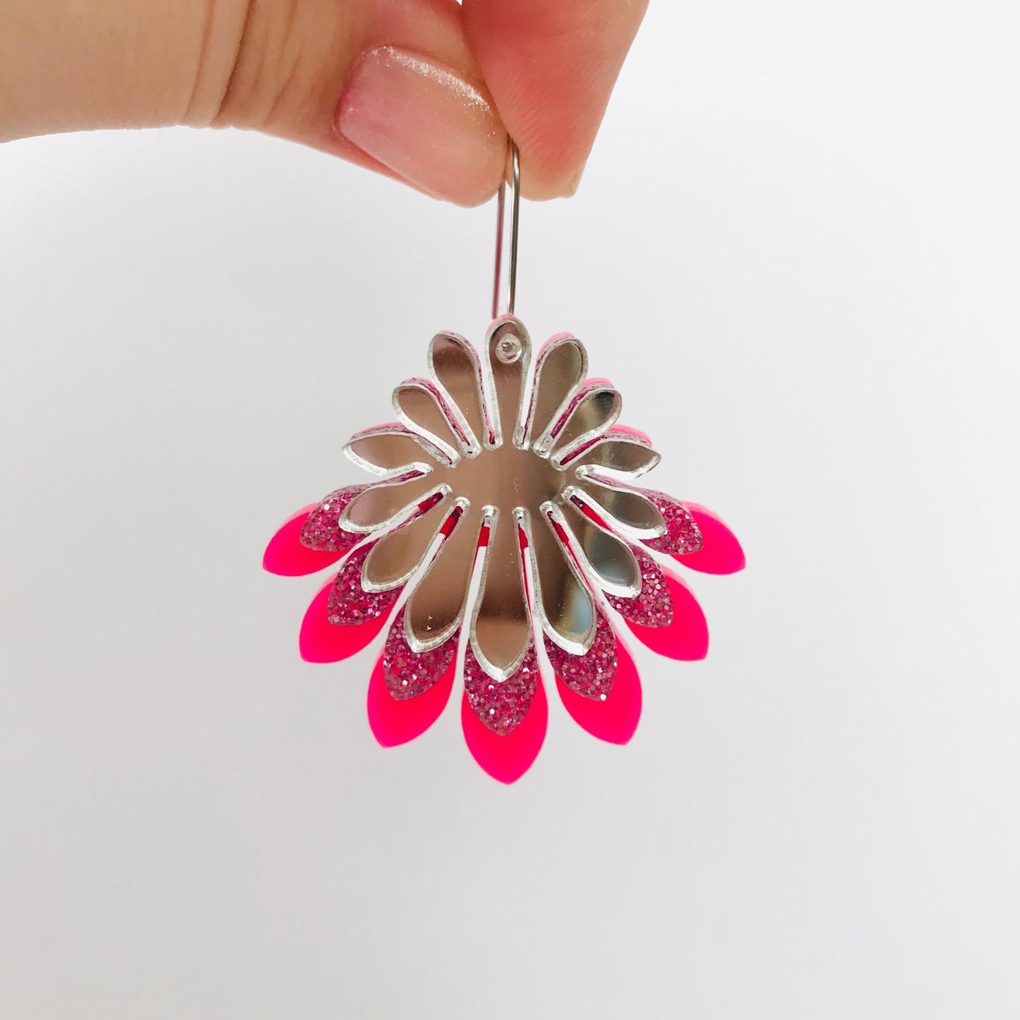 Large Flower Frill Statement Earrings - Pink and Silver - Lacey Lou Sparkles