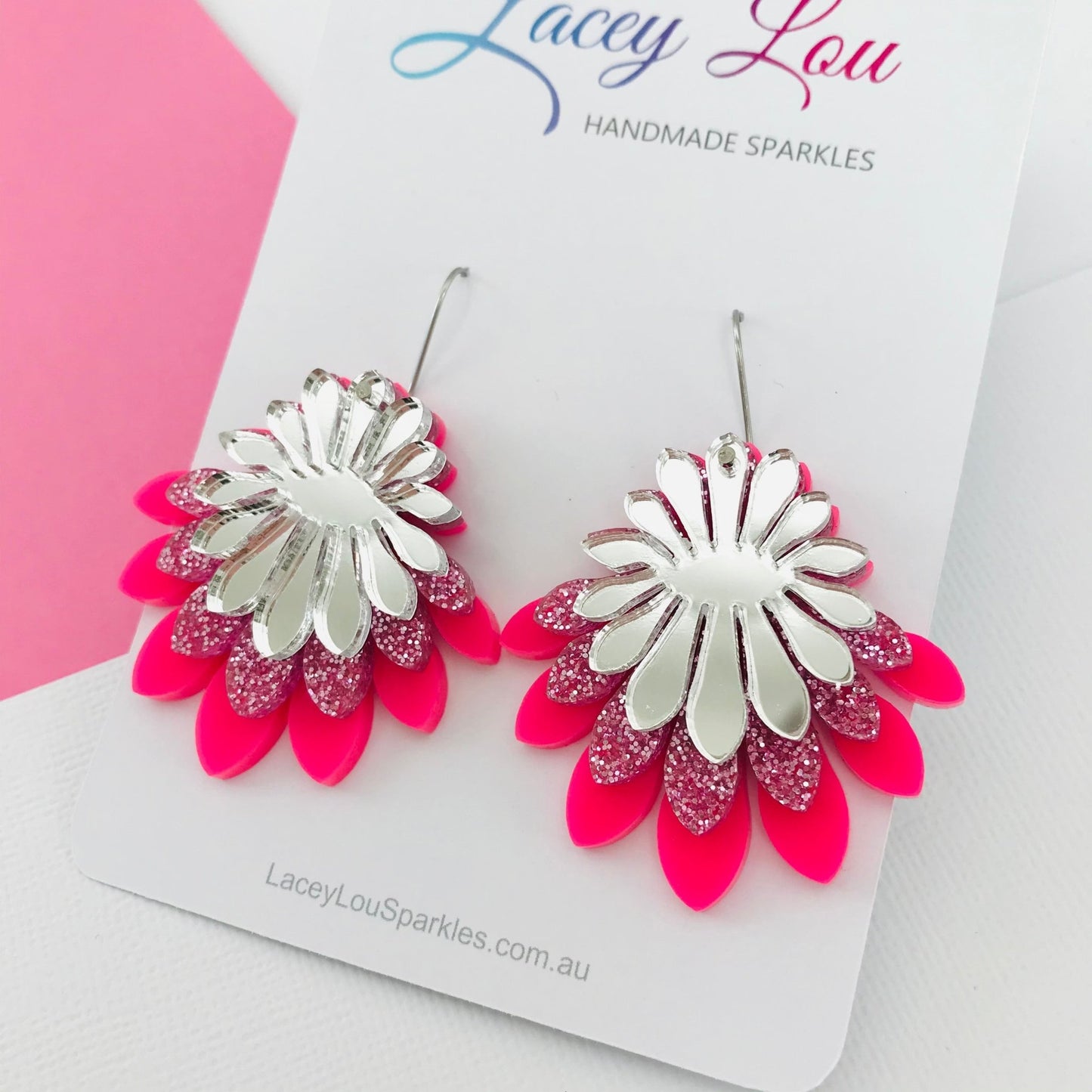 Large Flower Frill Statement Earrings - Pink and Silver - Lacey Lou Sparkles