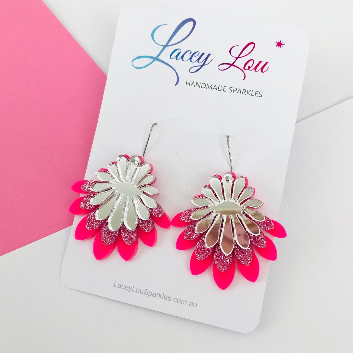 Large Flower Frill Statement Earrings - Pink and Silver - Lacey Lou Sparkles