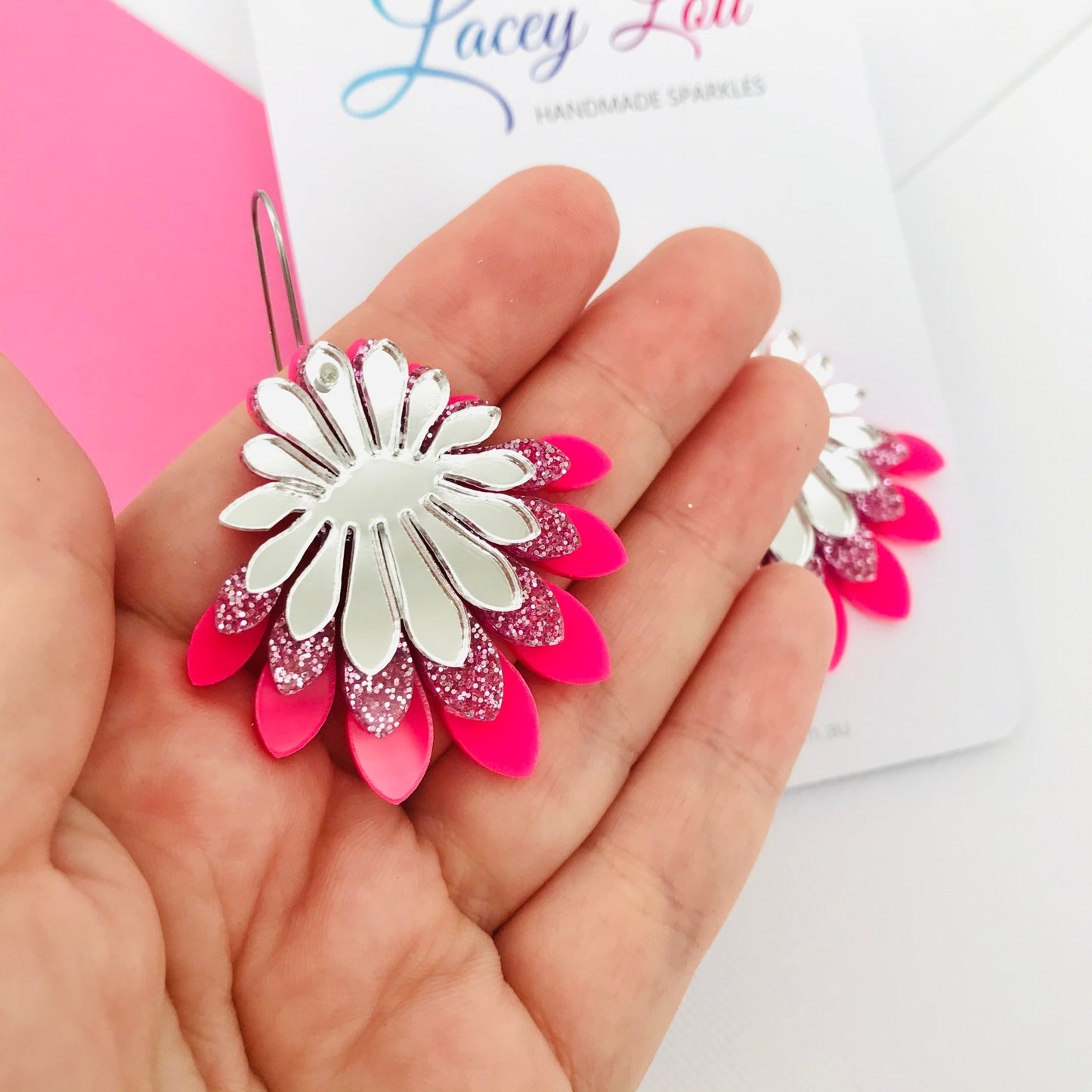 Large Flower Frill Statement Earrings - Pink and Silver - Lacey Lou Sparkles