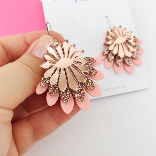 Large Flower Frill Statement Earrings - Rose Gold and Pink - Lacey Lou Sparkles