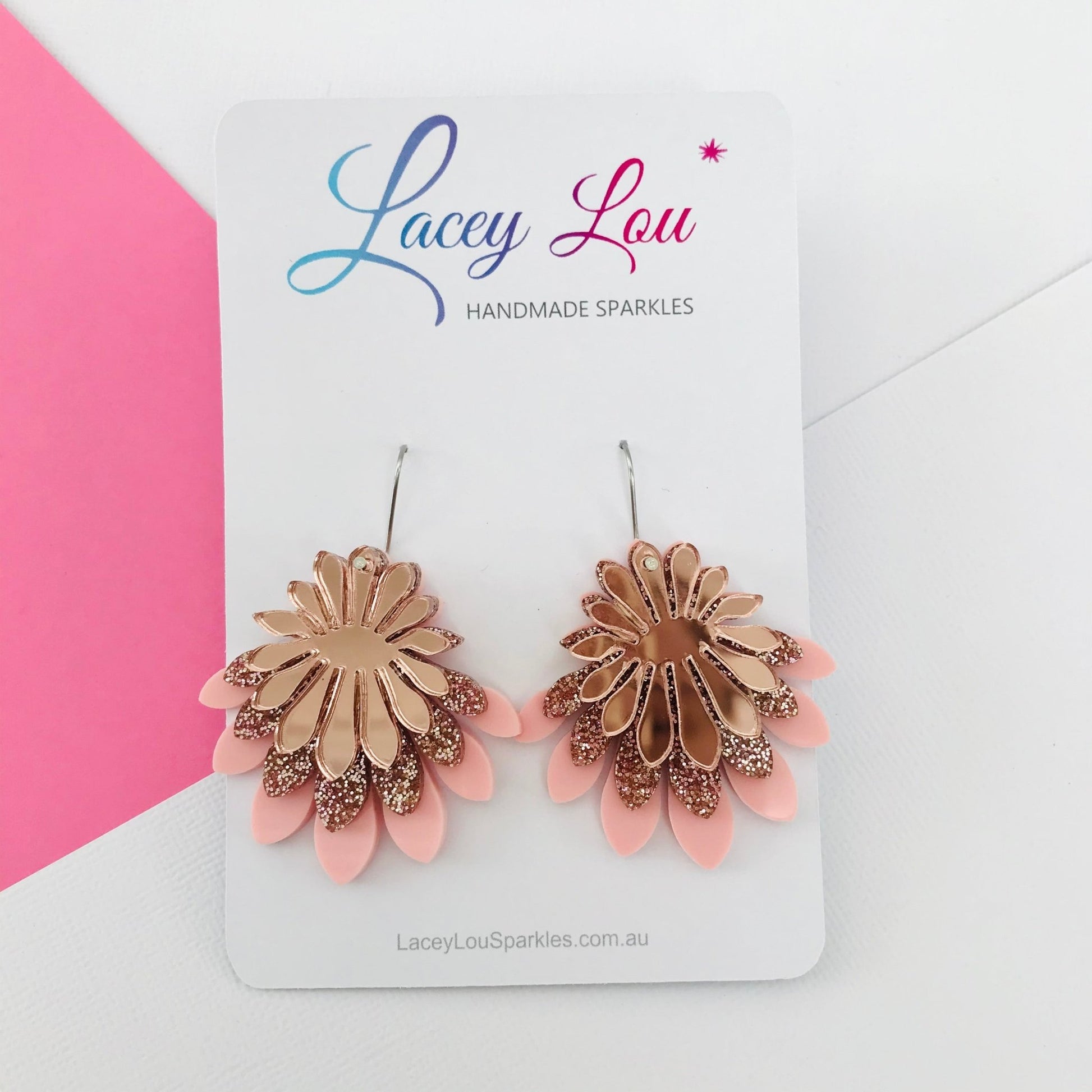 Large Flower Frill Statement Earrings - Rose Gold and Pink - Lacey Lou Sparkles