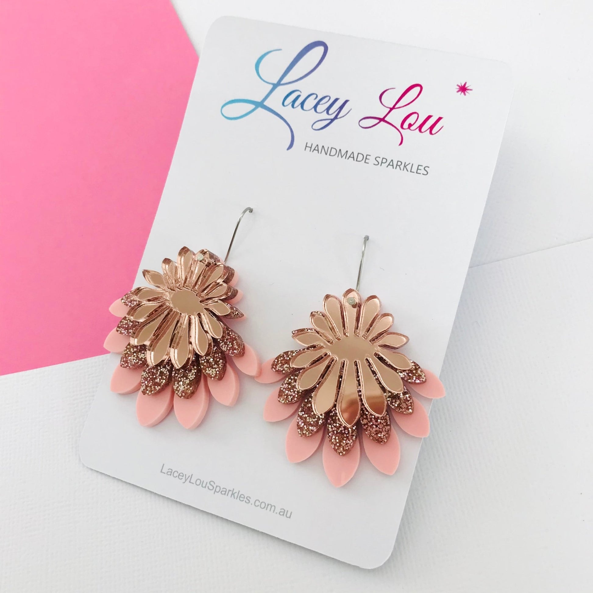 Large Flower Frill Statement Earrings - Rose Gold and Pink - Lacey Lou Sparkles
