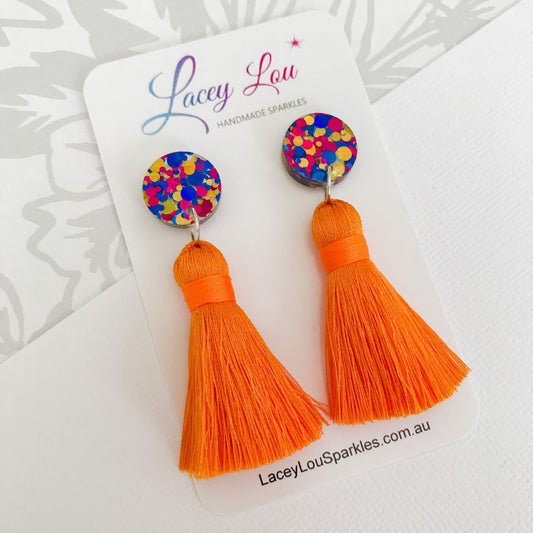 Large Silk Tassel Earring - Flurescent Orange - Lacey Lou Sparkles
