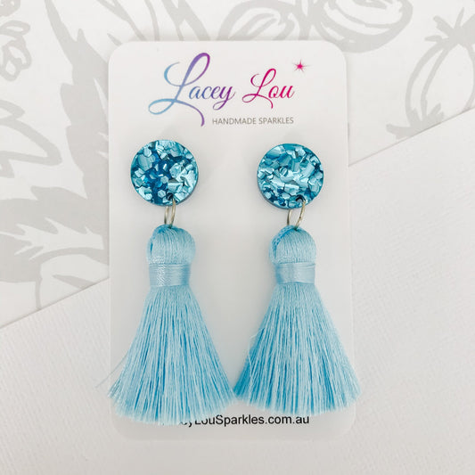 Large Silk Tassel Earring - Pale Blue - Lacey Lou Sparkles