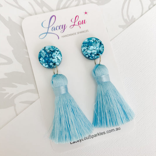 Large Silk Tassel Earring - Pale Blue - Lacey Lou Sparkles