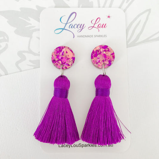 Large Silk Tassel Earrings - Purple - Lacey Lou Sparkles