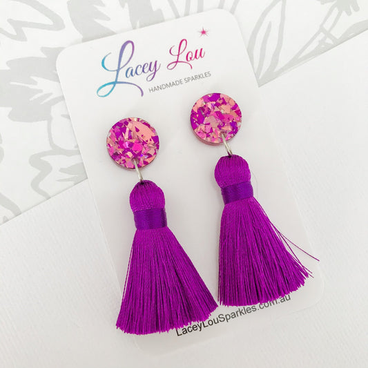 Large Silk Tassel Earrings - Purple - Lacey Lou Sparkles