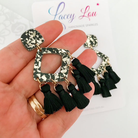 Large Tassel Earrings - Black and Gold Statement Dangle - Lacey Lou Sparkles