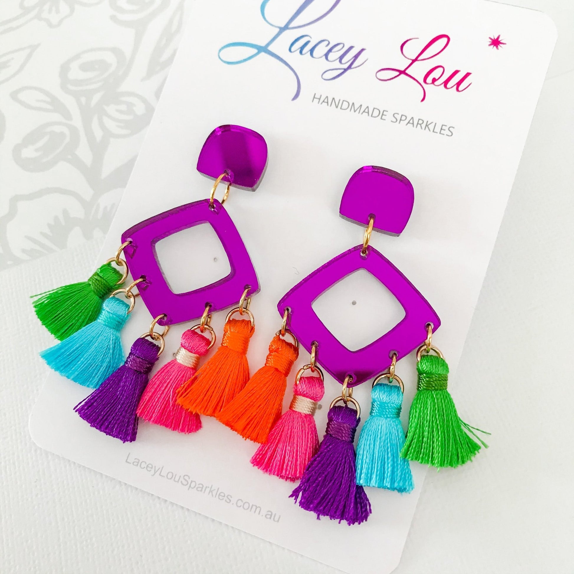 Large Tassel Earrings - Rainbow Tassel Statement Dangle - Lacey Lou Sparkles