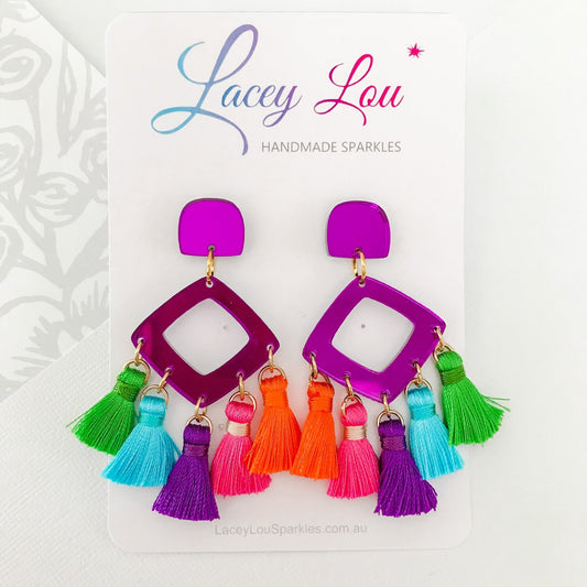 Large Tassel Earrings - Rainbow Tassel Statement Dangle - Lacey Lou Sparkles