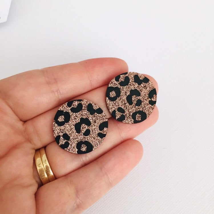 Leopard Print Studs - Copper Glitter Leopard Print Earrings - Lacey Lou Sparkles