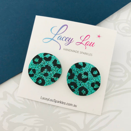 Leopard Print Studs - Emerald Green Glitter - Lacey Lou Sparkles