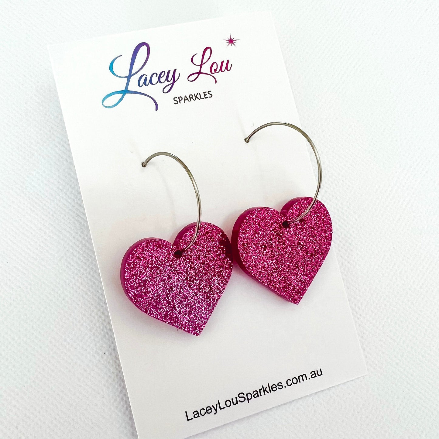 Love Heart Hoop Earrings - Fuchsia Acrylic Glitter Dangles - Lacey Lou Sparkles