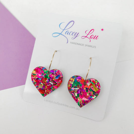 Love Heart Hoop Earrings - Rainbow Glitter - Lacey Lou Sparkles