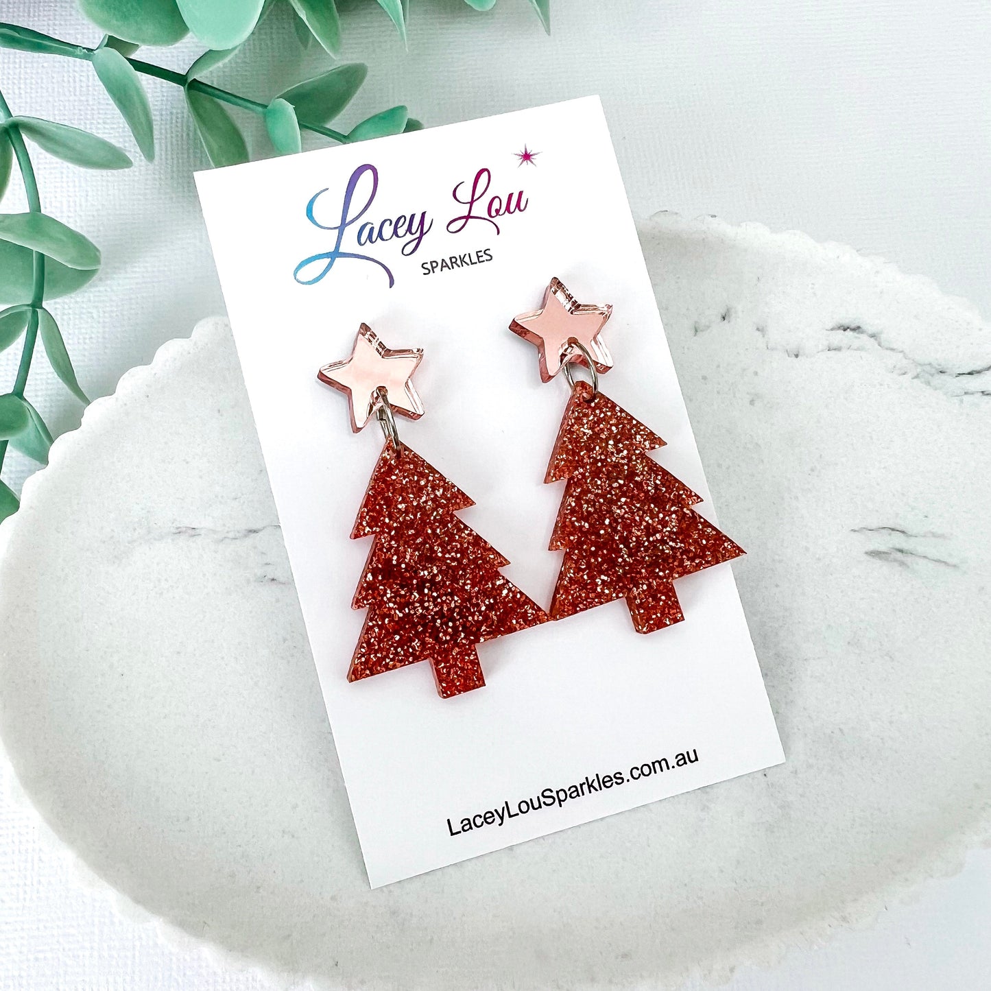 Medium Christmas Tree Dangle Earrings - Dark Rose Gold Fine Glitter - Lacey Lou Sparkles