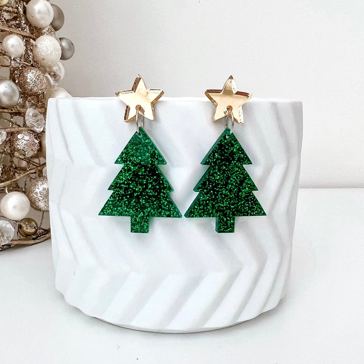 Medium Christmas Tree Dangle Earrings - Green Fine Glitter - Lacey Lou Sparkles