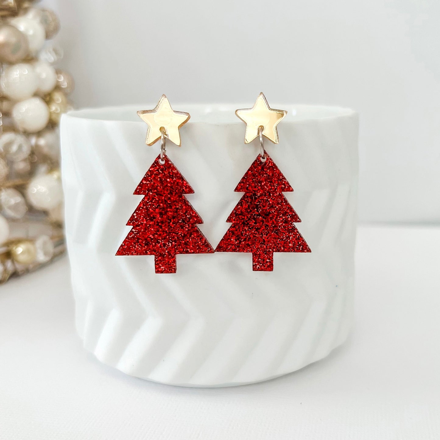 Medium Christmas Tree Dangle Earrings - Red Fine Glitter - Lacey Lou Sparkles
