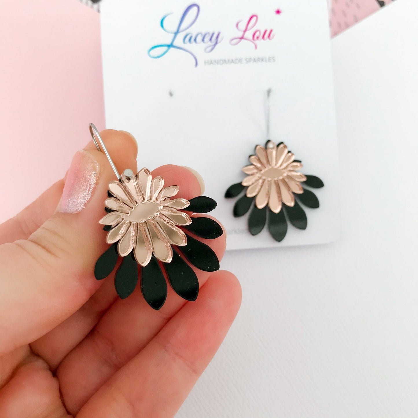 Medium Flower Frill Statement Dangle - Black and Rose Gold - Lacey Lou Sparkles