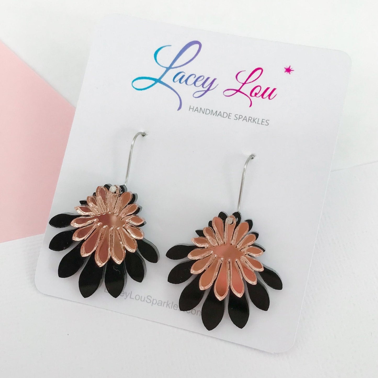 Medium Flower Frill Statement Dangle - Black and Rose Gold - Lacey Lou Sparkles