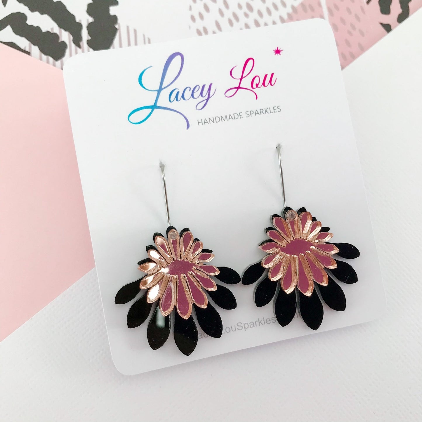 Medium Flower Frill Statement Dangle - Black and Rose Gold - Lacey Lou Sparkles