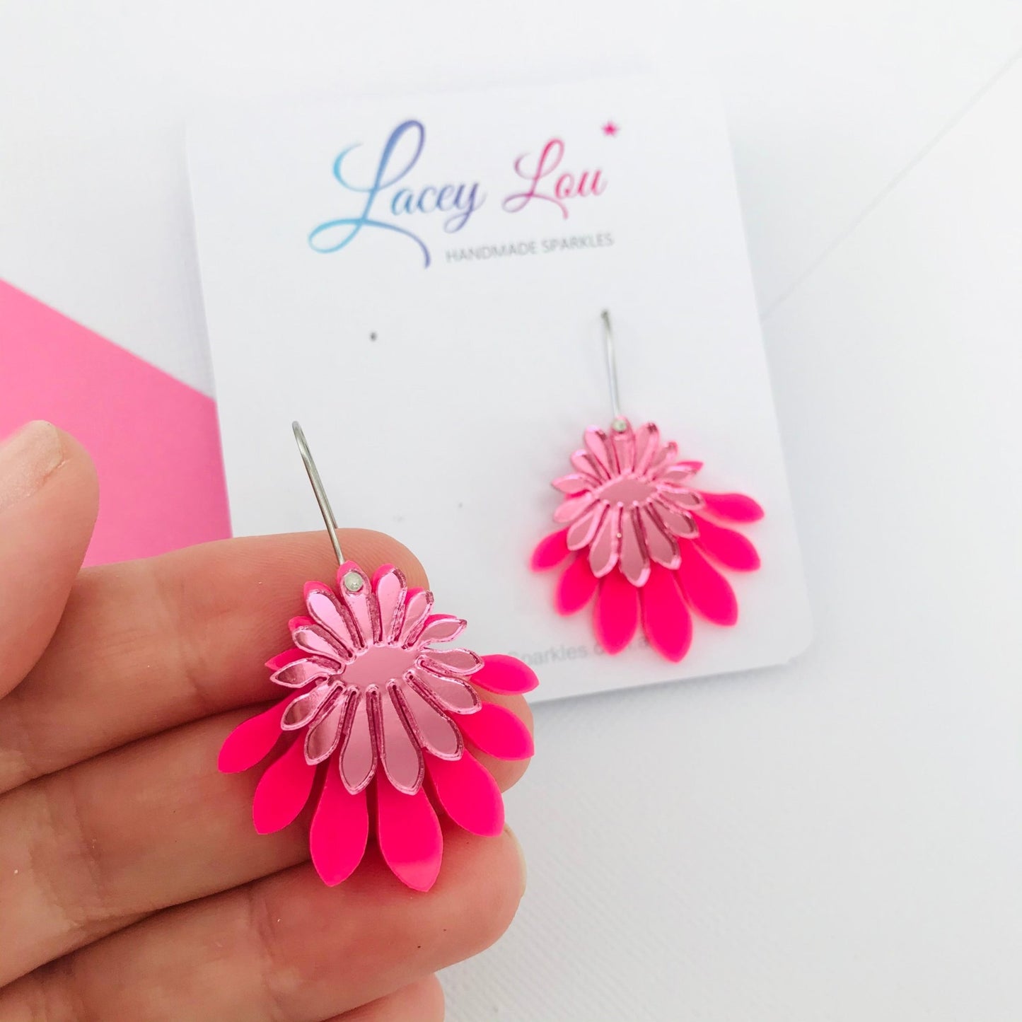 Medium Flower Frill Statement Dangle - Hot pink - Lacey Lou Sparkles