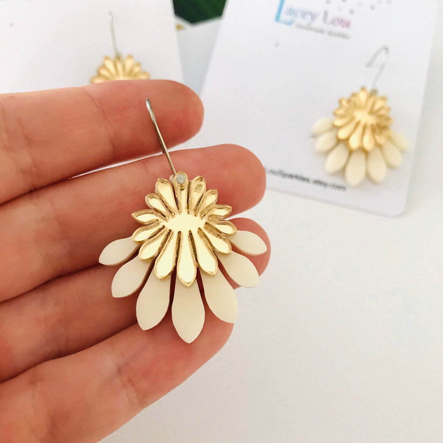 Medium Flower Frill Statement Dangle - Ivory and Gold - Lacey Lou Sparkles